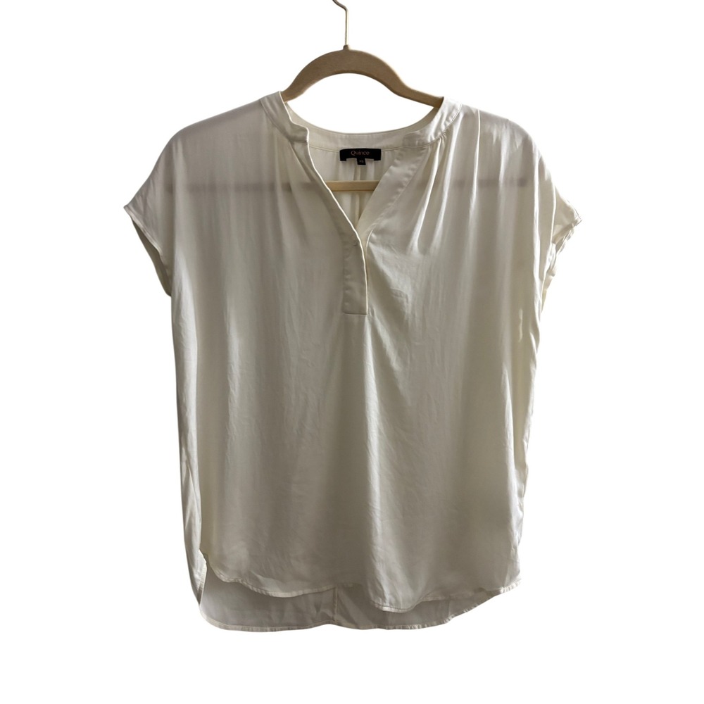 Quince Women Ivory 100% Silk Short Sleeve Split Neck Blouse Top XS
